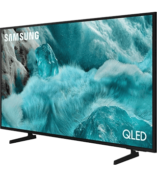 Televisão Samsung QLED com imagem de ondas do mar.