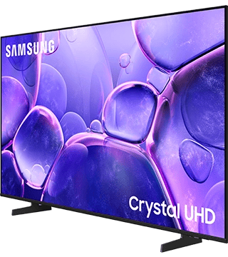 Imagem de uma televisão Samsung Crystal UHD com tela grande e cores vibrantes.