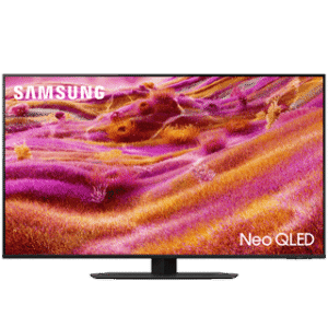 Imagem de uma TV Samsung Neo QLED exibindo cores vibrantes e alta definição.