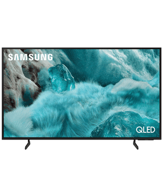 Imagem de uma televisão Samsung QLED exibindo uma paisagem de montanhas e água em cores vibrantes.