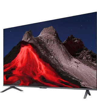 TV com imagem de vulcão em erupção, destaque para lava vermelha e paisagem montanhosa.