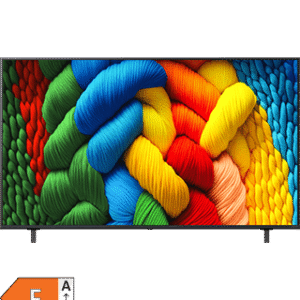 Imagem de uma TV LED exibindo uma imagem colorida e vibrante de fios entrelaçados em várias cores.