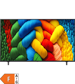 Imagem de uma TV LED exibindo uma imagem colorida e vibrante de fios entrelaçados em várias cores.