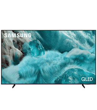 Imagem de uma televisão Samsung QLED exibindo uma paisagem de água em movimento, destacando a tecnol.
