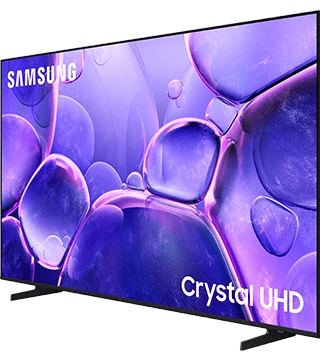 Imagem de uma televisão Samsung Crystal UHD com tela curva e cores vibrantes.