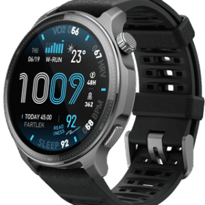 Relógio inteligente esportivo com monitor de saúde, frequência cardíaca e GPS para atividades física.