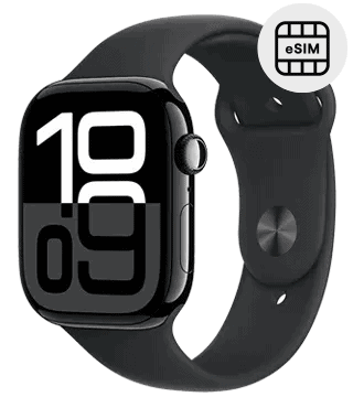 Relógio inteligente com eSIM e pulseira preta para monitoramento de atividades e chamadas.