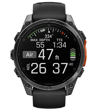Relógio Garmin de mergulho com GPS, bússola e monitor de profundidade para atividades aquáticas.