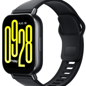 Relógio inteligente com tela digital e pulseira preta, ideal para monitoramento de atividades física.