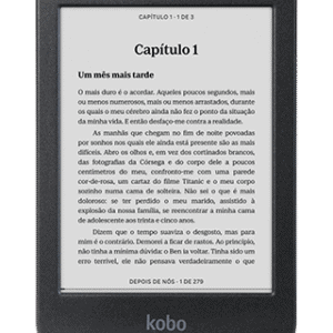 Leitor Kobo com tela de alta resolução para leitura confortável e prática.