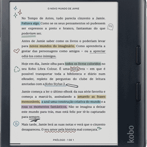 Imagem de um leitor Kobo com destaque para a leitura de um livro digital.