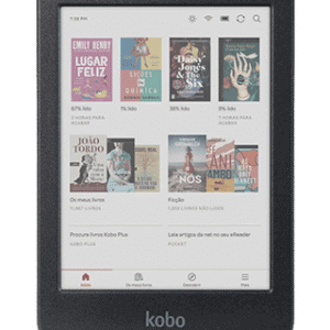 E-Reader Kobo exibindo uma coleção de livros digitais variados.