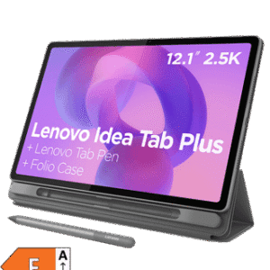 Tablet Lenovo Idea Tab Plus de 12,1" com caneta e capa, ideal para produtividade e entretenimento.
