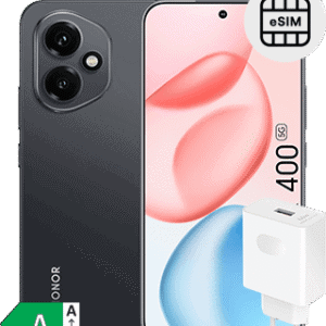 Smartphone Honor com câmeras duplas, carregador e suporte eSIM.