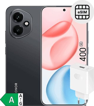 Smartphone Honor com câmeras duplas, carregador e suporte eSIM.