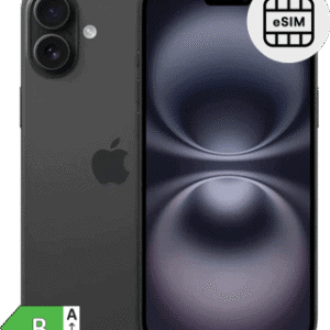 IPhone 14 preto com suporte eSIM, câmeras duplas e design elegante.