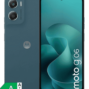 Imagem de um smartphone Motorola Moto G 06, destaque para o design moderno e câmeras duplas na parte.