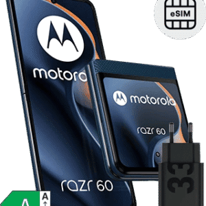 Smartphone Motorola Razr 60 com eSIM e carregador sem fios, design moderno.