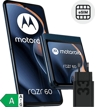 Smartphone Motorola Razr 60 com eSIM e carregador sem fios, design moderno.