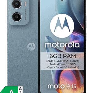 Smartphone Motorola Moto E15 com 6GB RAM e câmera dupla.
