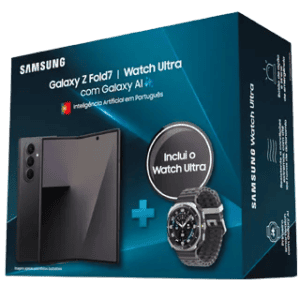 Caixa do Samsung Galaxy Z Fold7 e Watch Ultra com detalhes do produto.