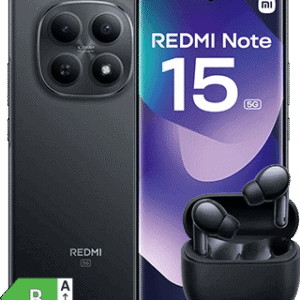 Redmi Note 15 5G com auriculares sem fios, destaque em tecnologia móvel.