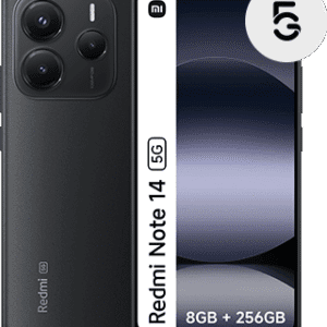 Smartphone Redmi Note 14 5G com 8GB RAM e 256GB de armazenamento.