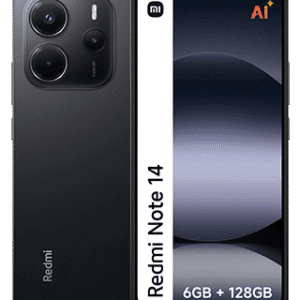 Telefone Redmi Note 14 com 6GB RAM e 128GB de armazenamento interno.