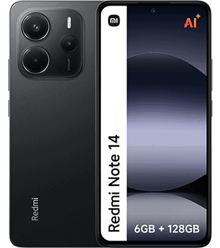 Telefone Redmi Note 14 com 6GB RAM e 128GB de armazenamento interno.